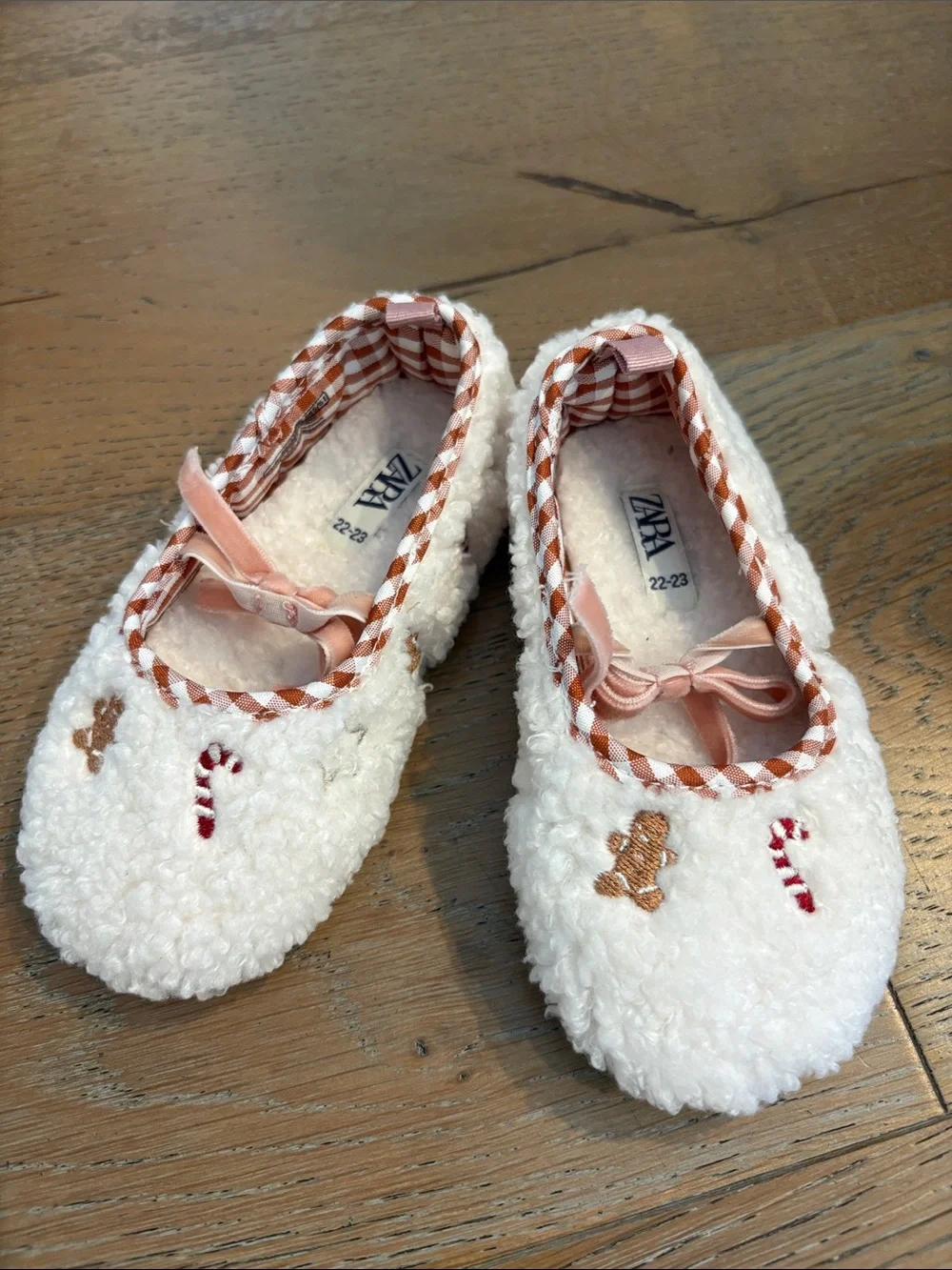 Zara White Sherpa Ballet Flats with Pink Trim & Candy Embroidery